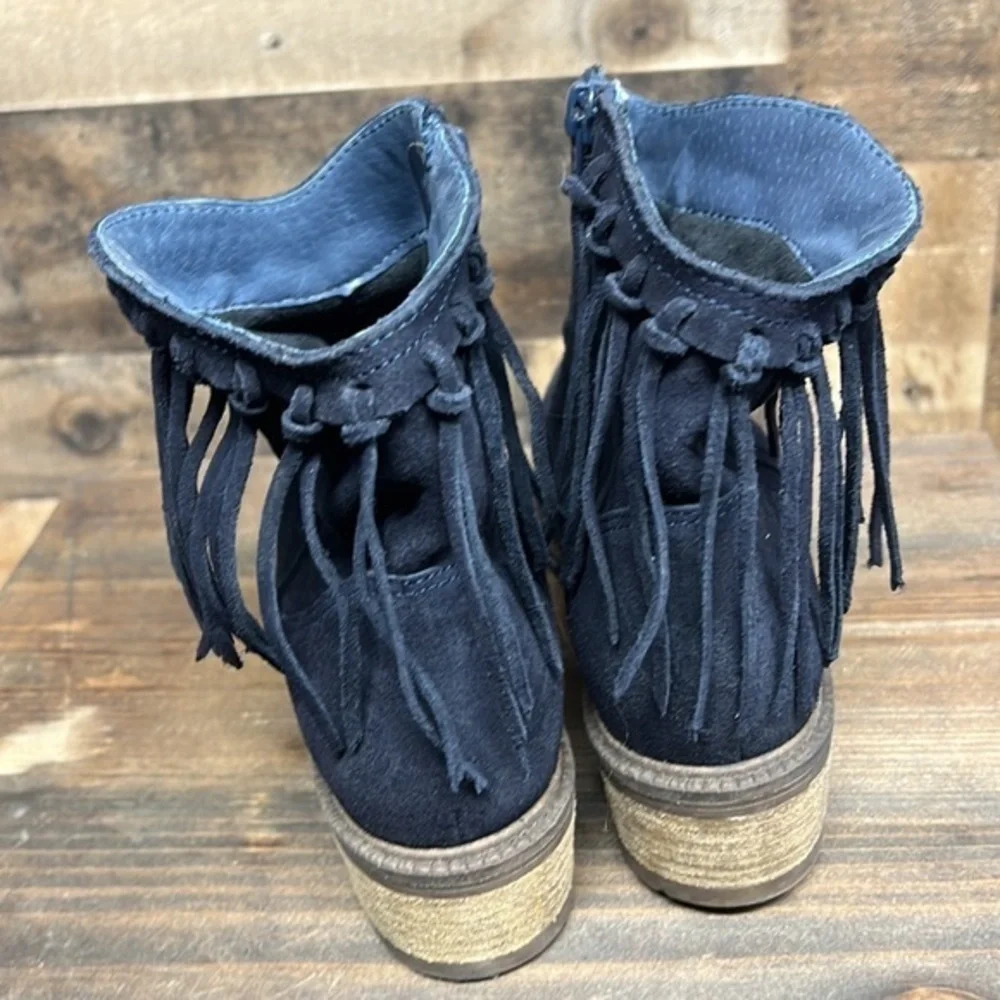 ERIC MICHAEL FRINGE BOOTIES/ANKLE BOOTS GENUINE LEATHER NAVY BLUE WOMENS SIZE 38